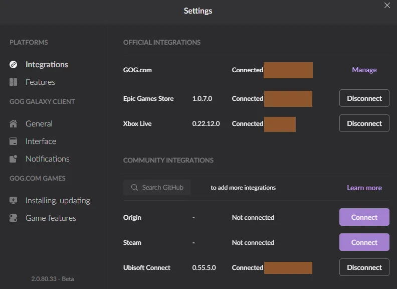 GOG Galaxy Integration Settings