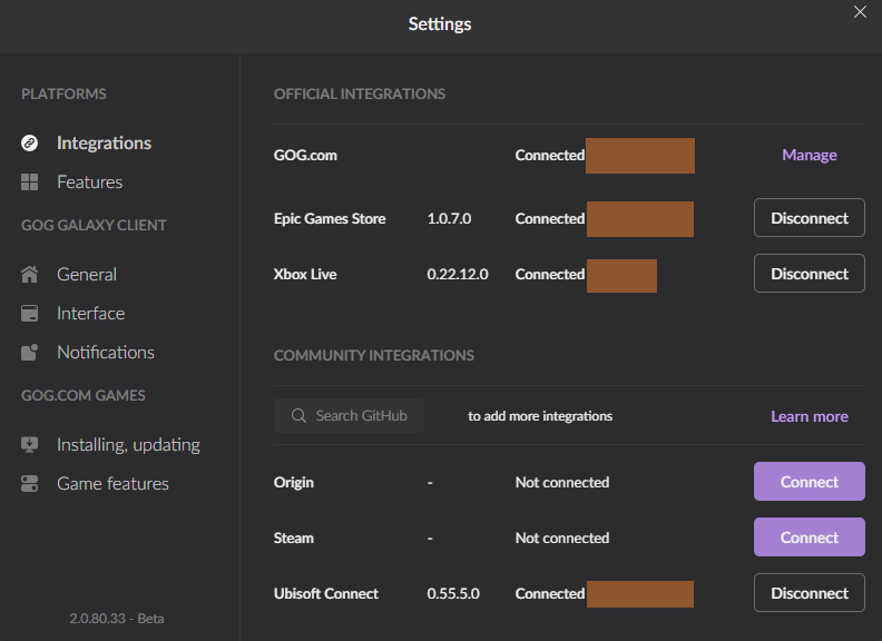 GOG Galaxy Integration Settings